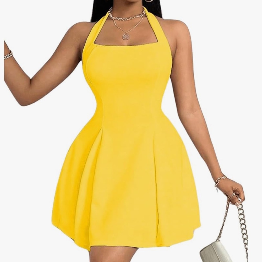 Bright Yellow Halter Dress Women’s Size  Summer Sundress Flowy Casual Cute XXL